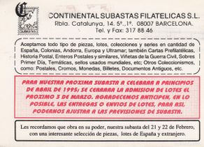 Sellos: ENTERO POSTAL CON IMPRESIÓN PRIVADA -SUBASTAS CONTINENTAL -FRANQUEO COMPLEMENTARIO